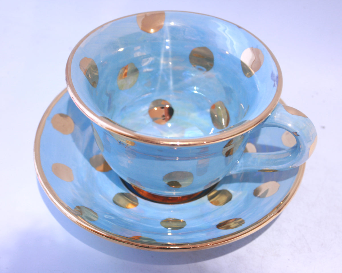 Blue Cup and Saucer in Gold Dots