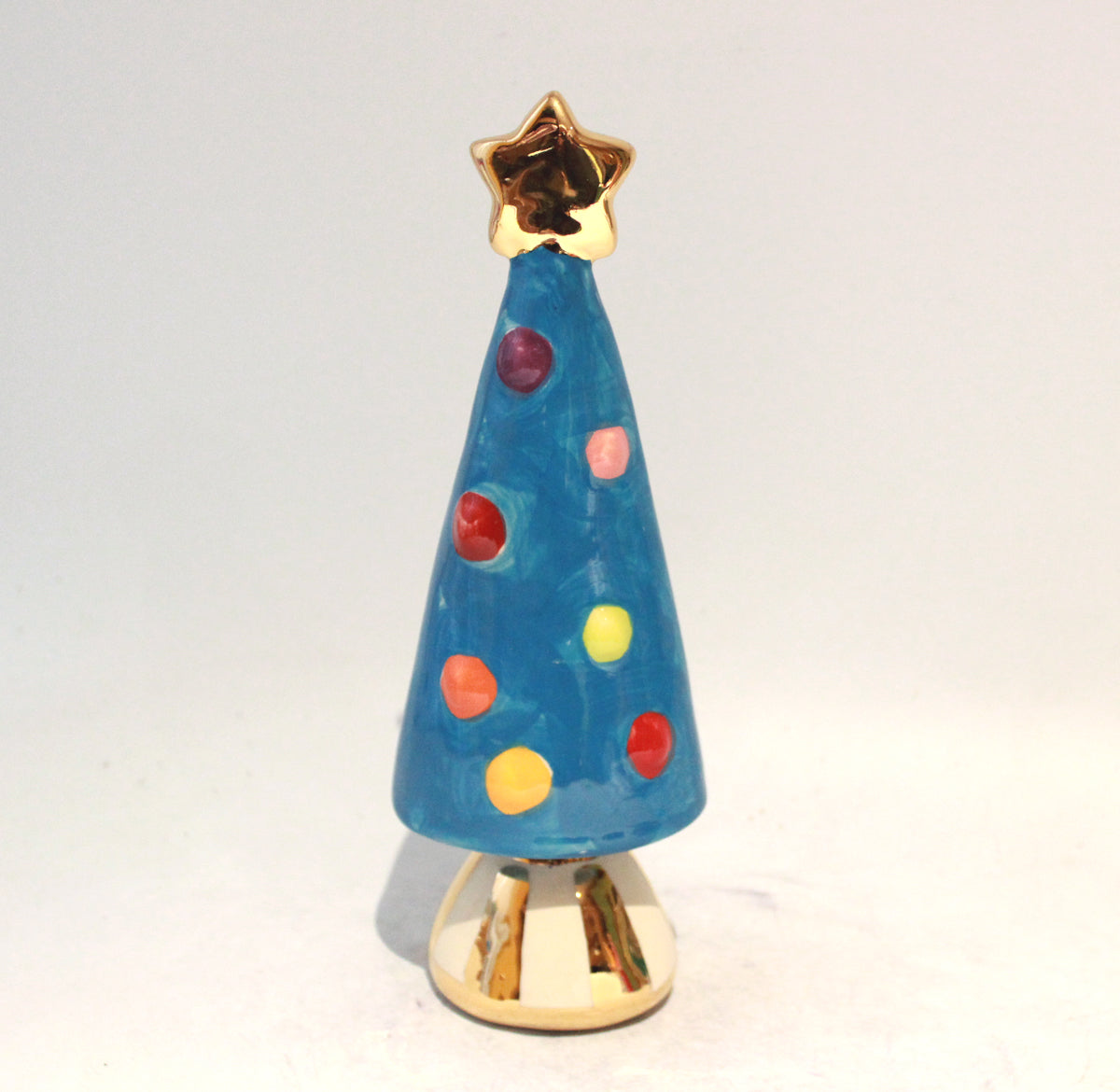 Small Christmas Tree in Blue with Gold and White Striped Base