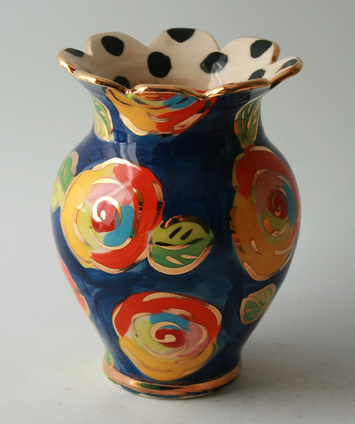 Fluted Small Fat Vase in Gold New Rose with Polka Dot Rim - MaryRoseYoung