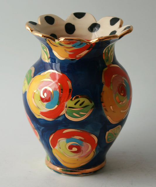 Fluted Small Fat Vase in Gold New Rose with Polka Dot Rim - MaryRoseYoung