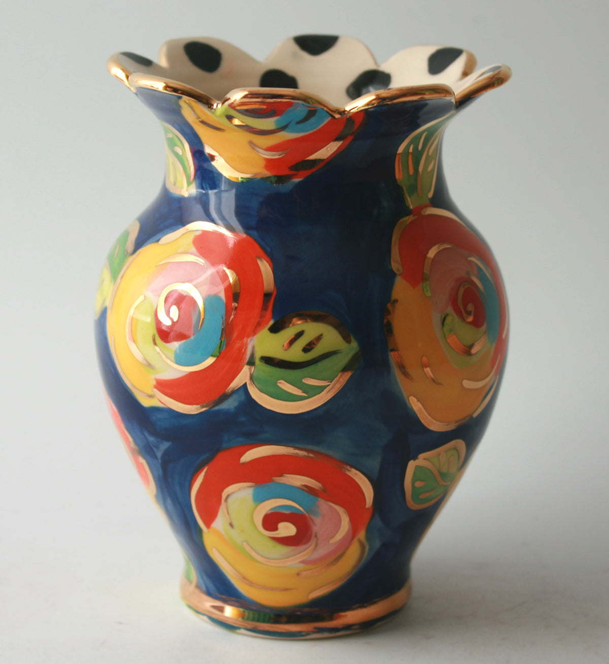 Fluted Small Fat Vase in Gold New Rose with Polka Dot Rim - MaryRoseYoung