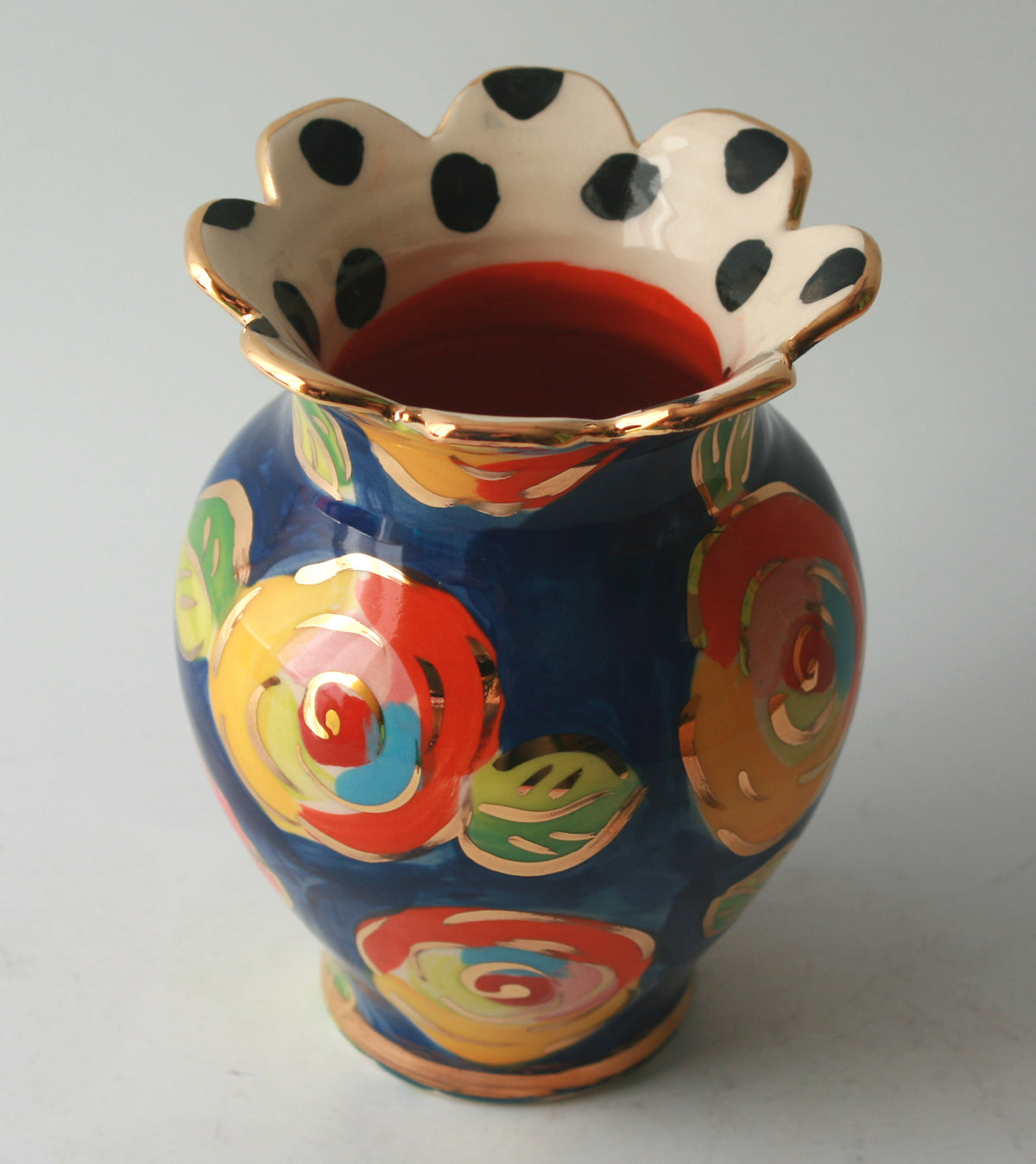 Fluted Small Fat Vase in Gold New Rose with Polka Dot Rim - MaryRoseYoung
