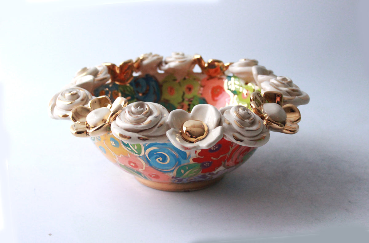 Multiflower Encrusted Bowl in Pastel Blooms