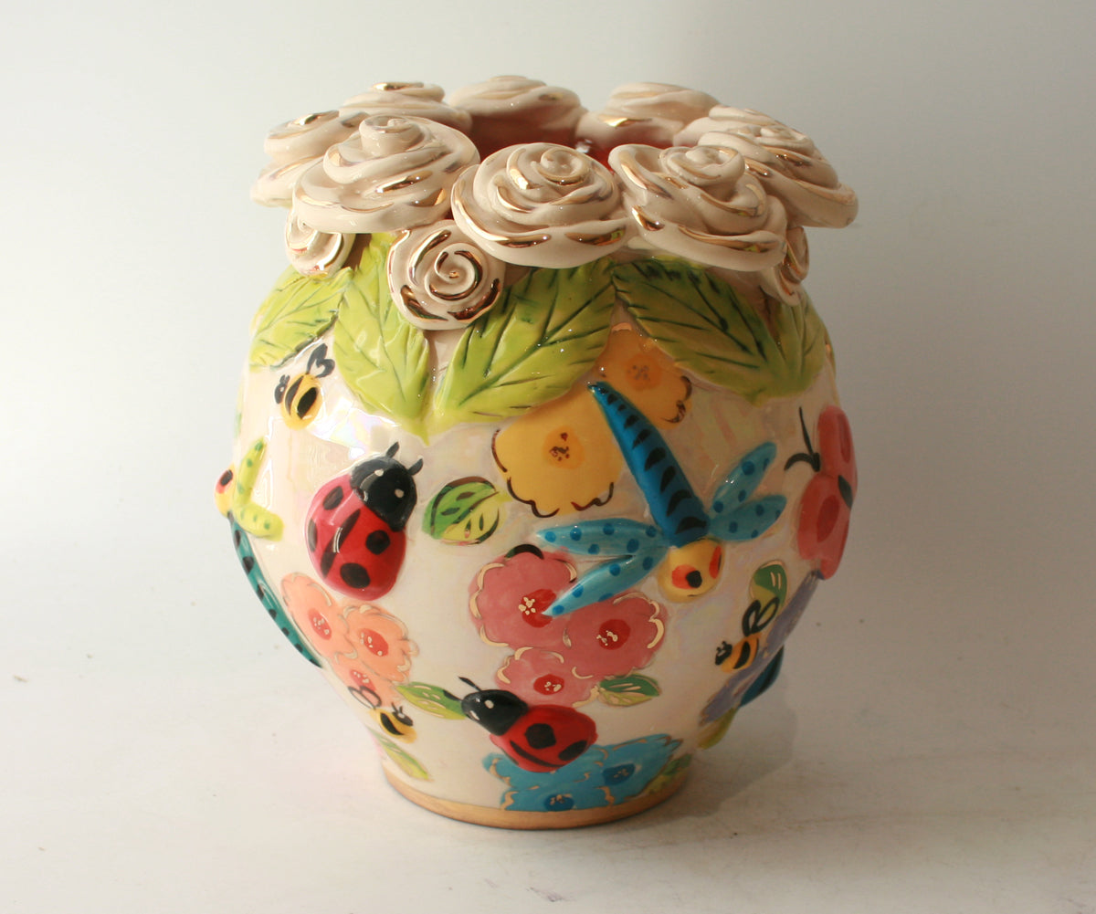 Rose Encrusted Cauldron Vase in Bugs