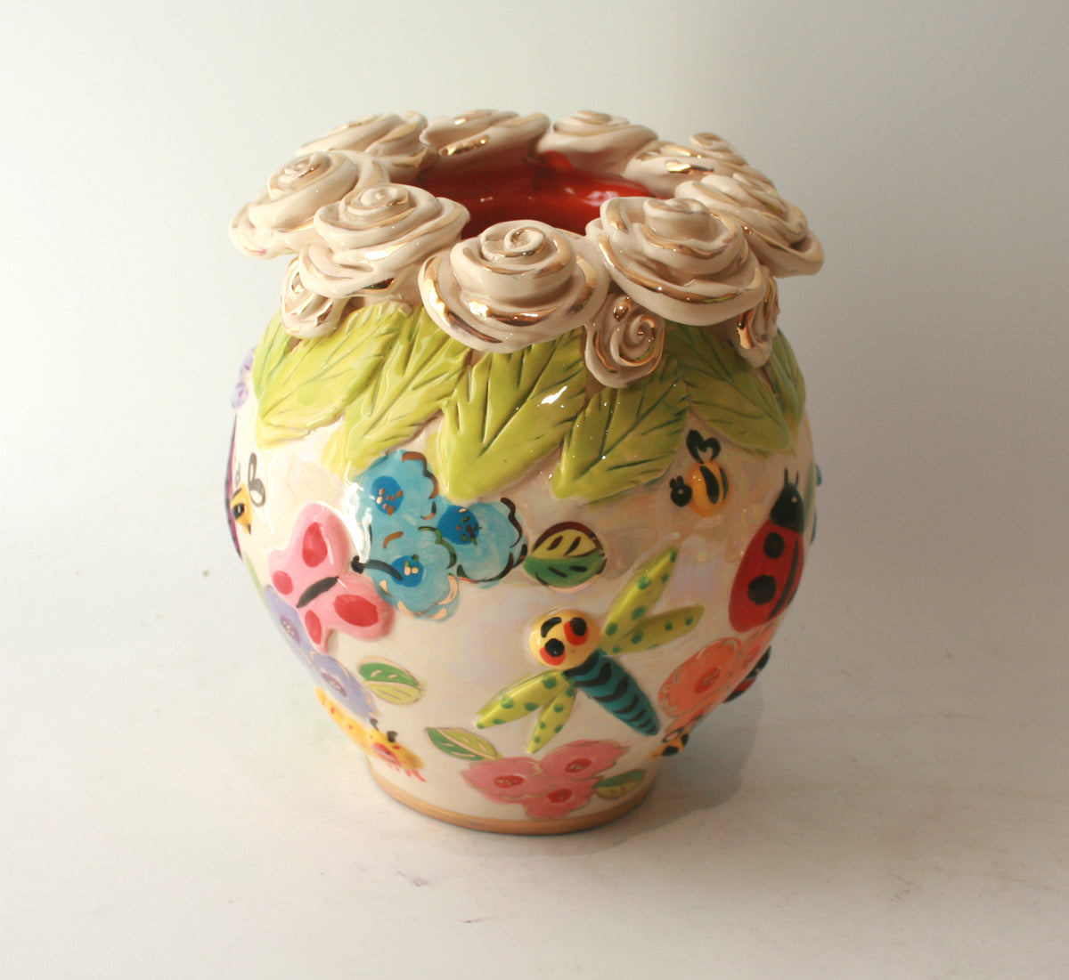 Rose Encrusted Cauldron Vase in Bugs