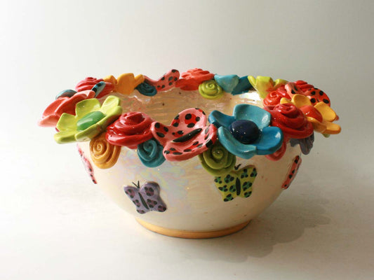 Large Multiflower Encrusted Bowl in Butterflies