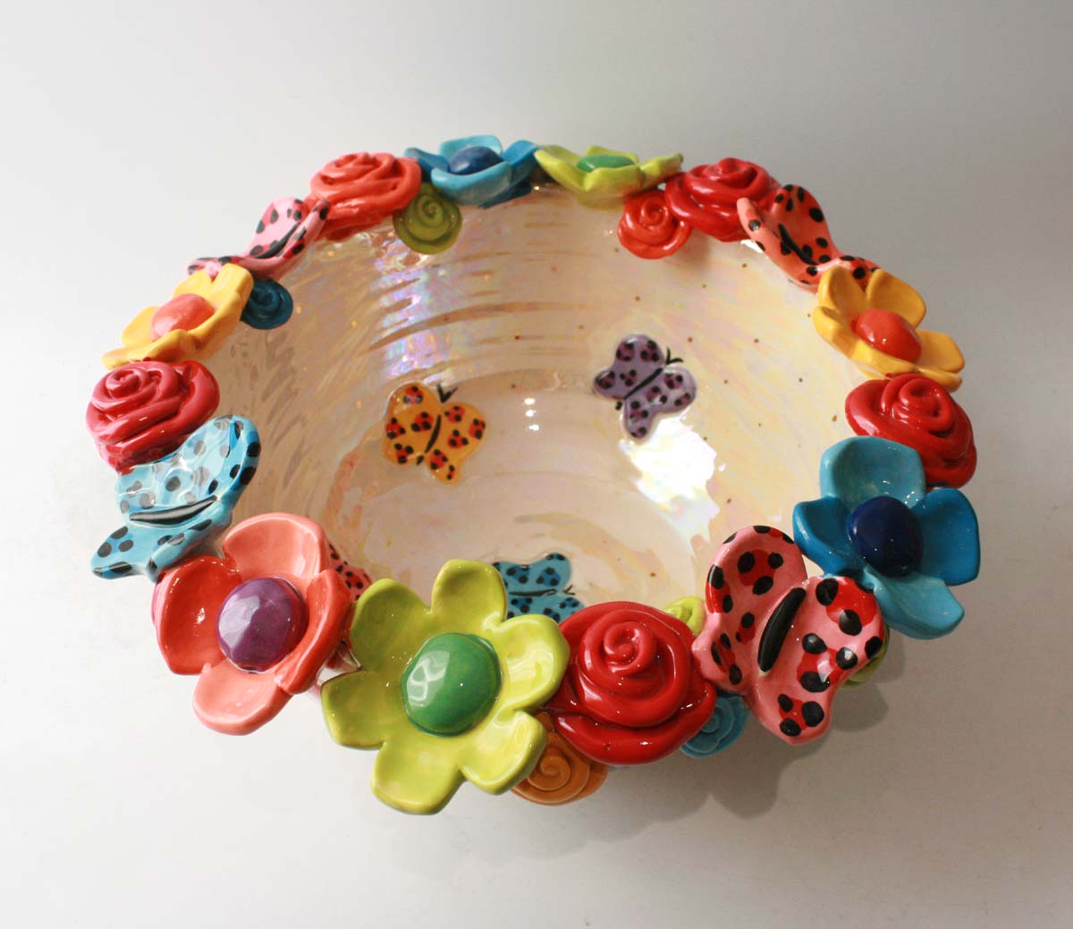 Large Multiflower Encrusted Bowl in Butterflies