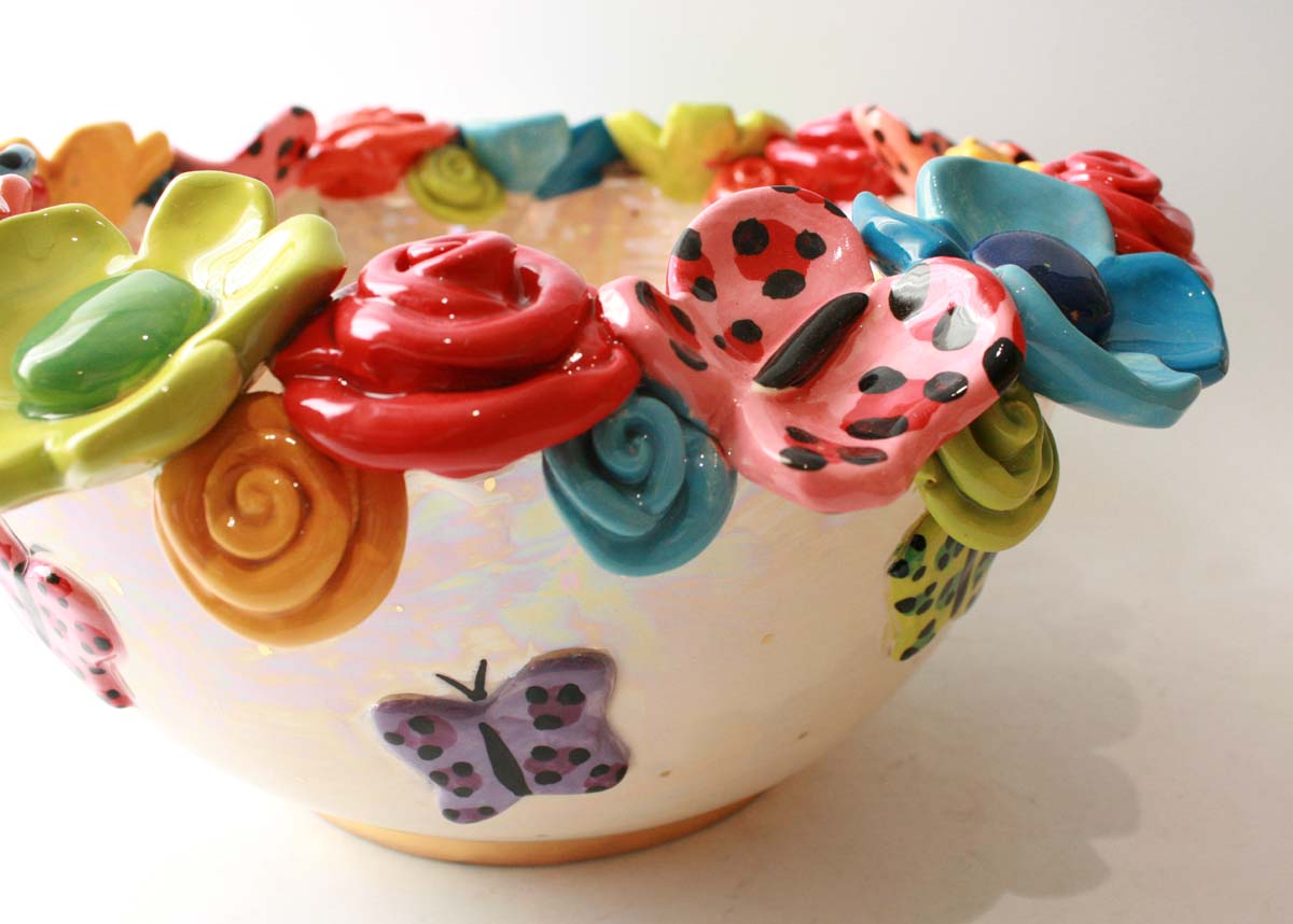 Large Multiflower Encrusted Bowl in Butterflies