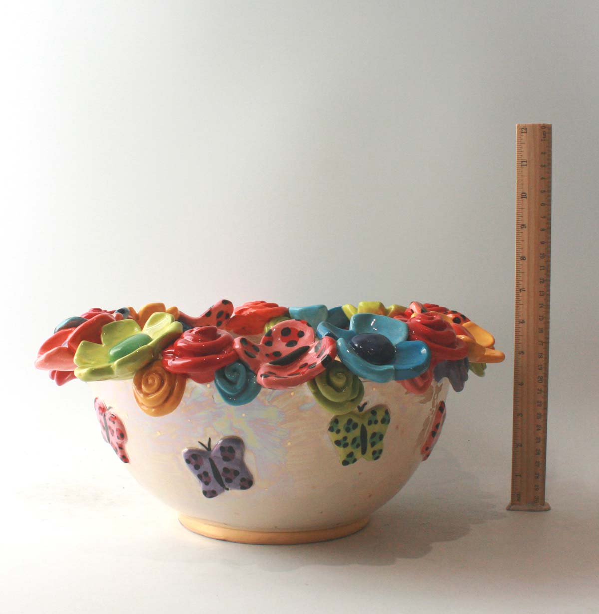 Large Multiflower Encrusted Bowl in Butterflies
