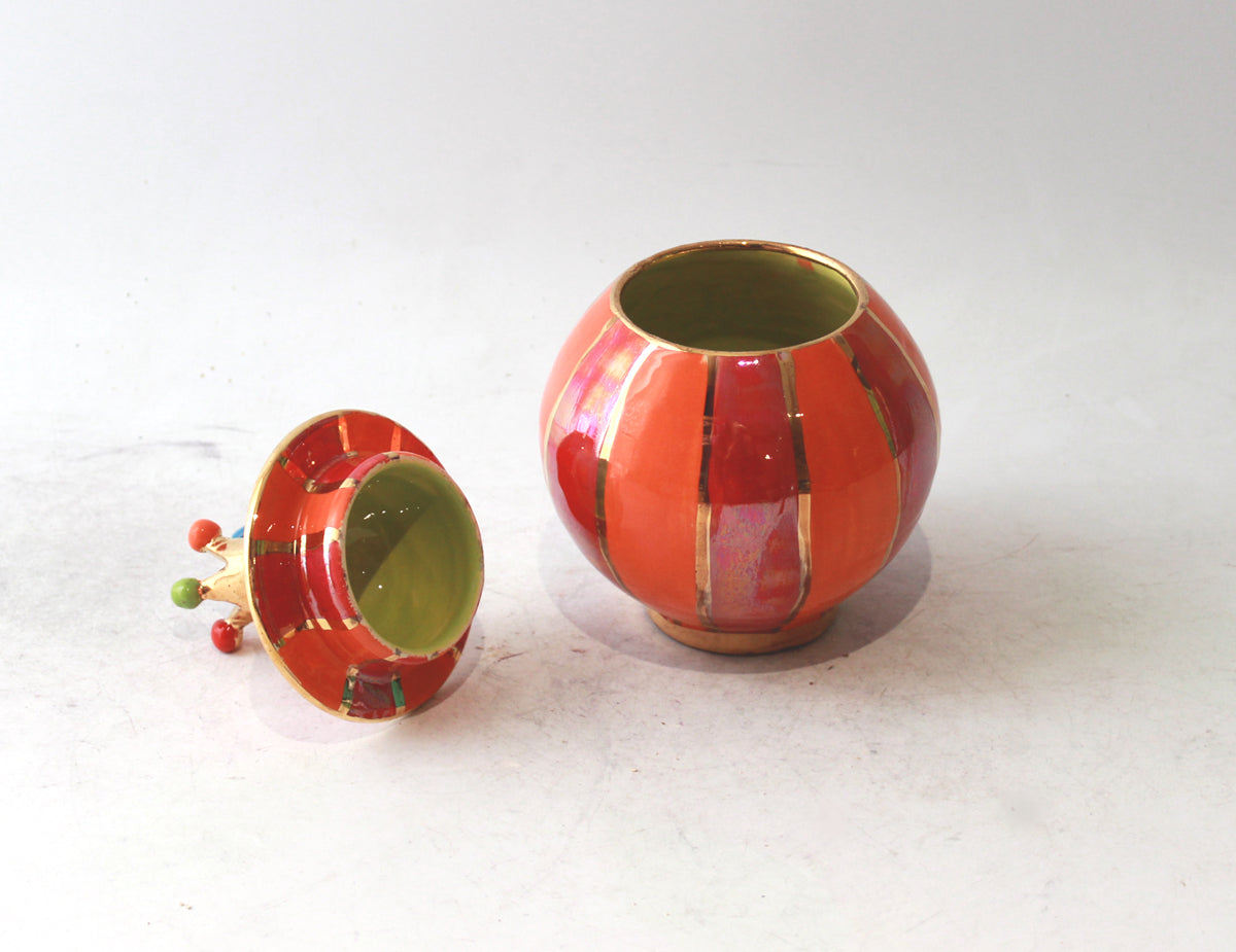 Crown Lidded Tea Caddy in Orange and Red Stripe