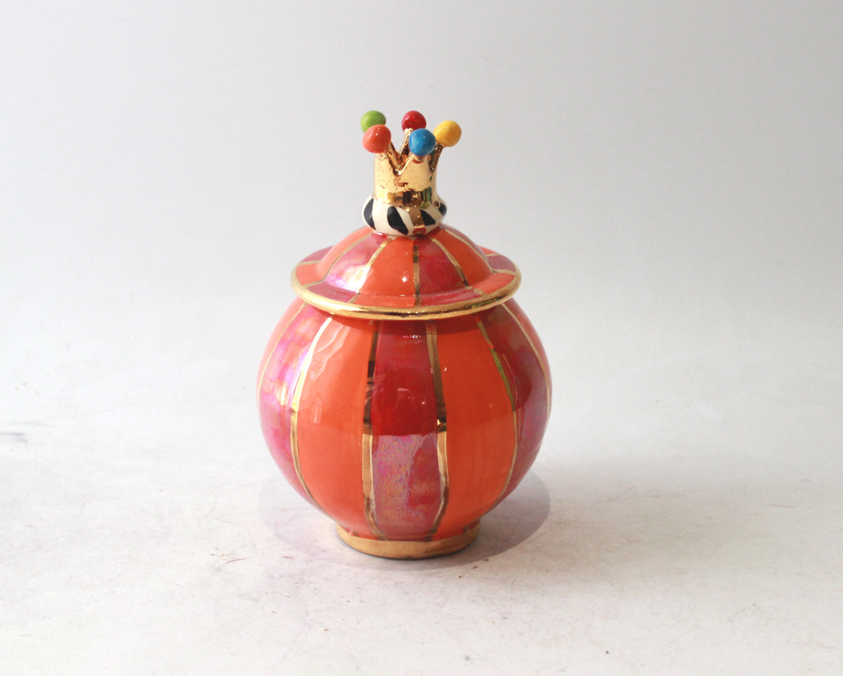 Crown Lidded Tea Caddy in Orange and Red Stripe