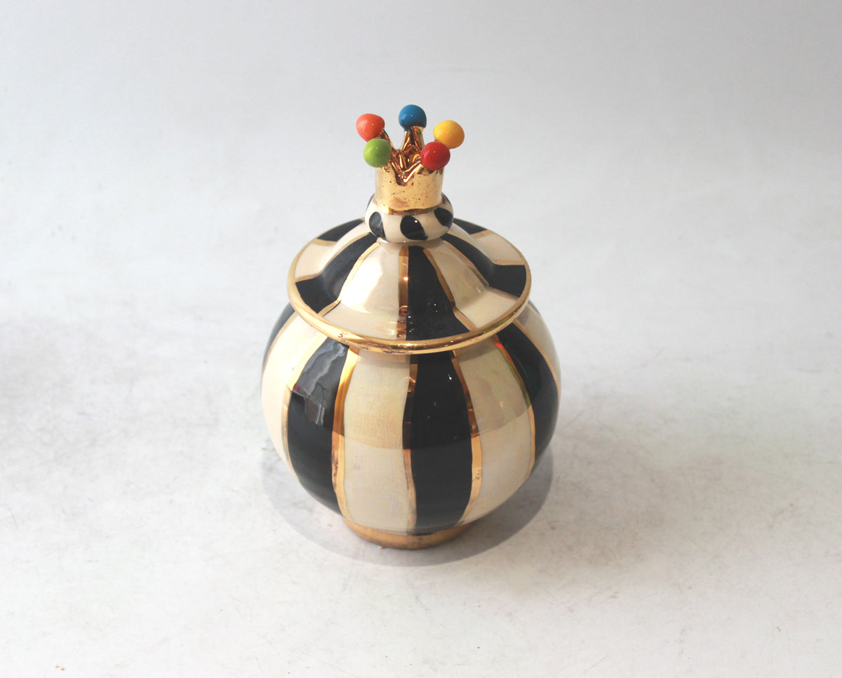 Crown Lidded Tea Caddy in Black and White Stripe