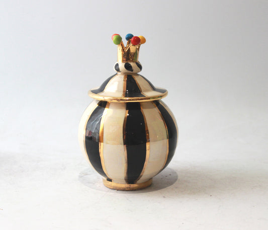 Crown Lidded Tea Caddy in Black and White Stripe