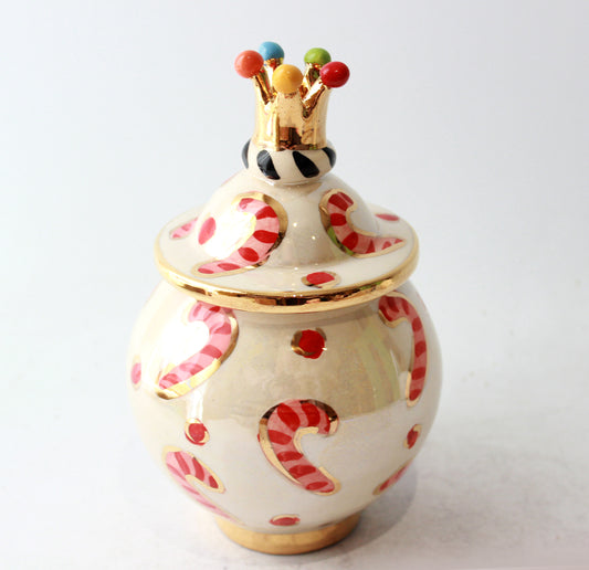 Small Round Crown Lidded Tea Caddy in Candy Cane