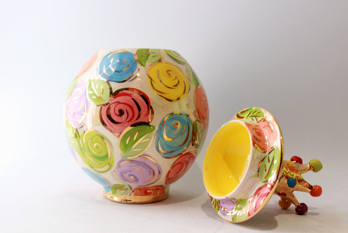 Large Round Crown Lidded Tea Caddy in Pastel Block Rose