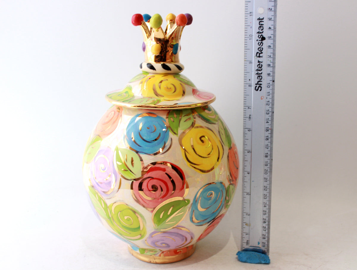 Large Round Crown Lidded Tea Caddy in Pastel Block Rose