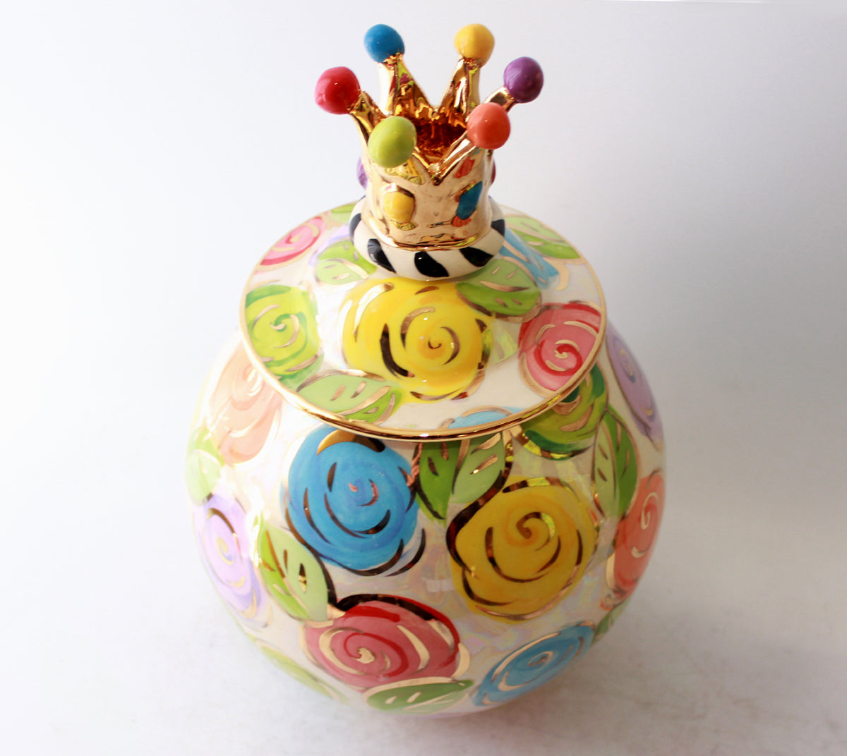 Large Round Crown Lidded Tea Caddy in Pastel Block Rose