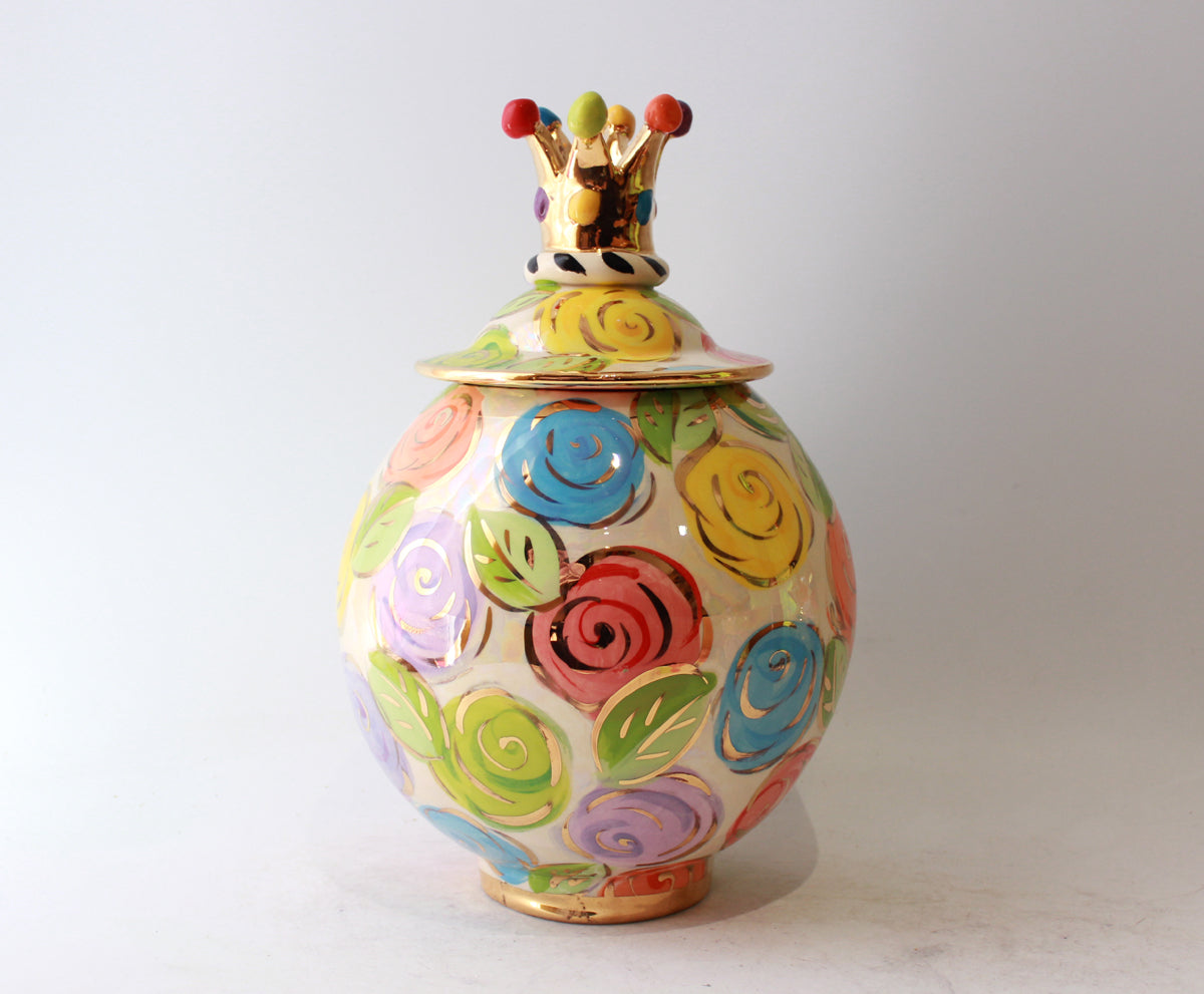 Large Round Crown Lidded Tea Caddy in Pastel Block Rose