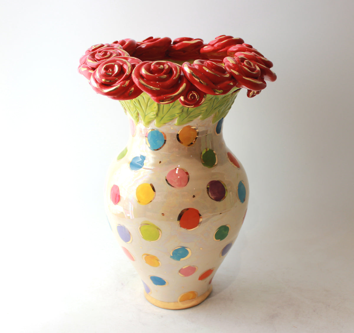 Large Rose Encrusted Vase in Coloured Dot