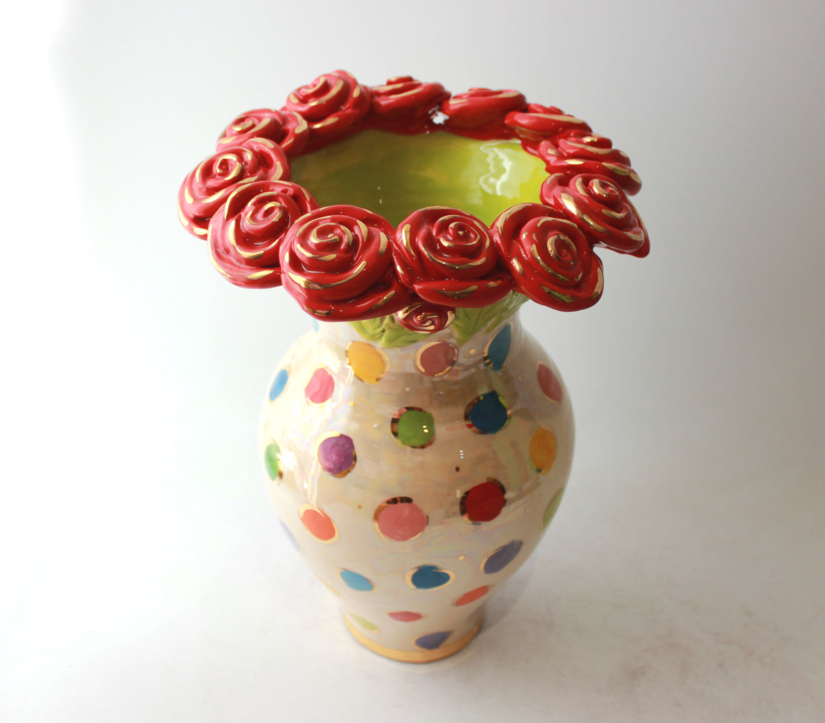 Large Rose Encrusted Vase in Coloured Dot