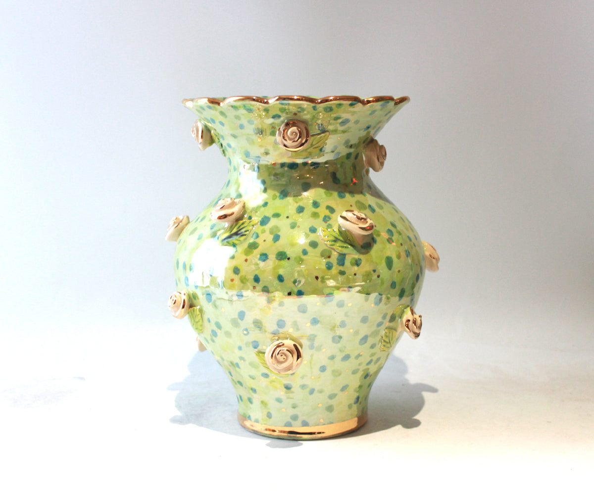 Large Fat Rose Studded Vase with Fluted Edge in Green Confetti
