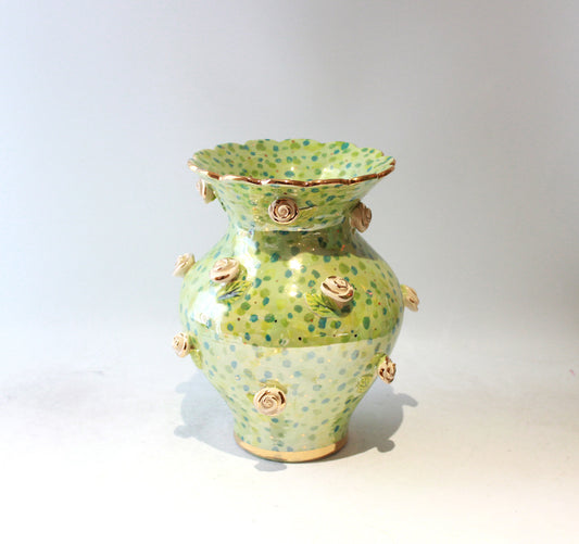 Large Fat Rose Studded Vase with Fluted Edge in Green Confetti