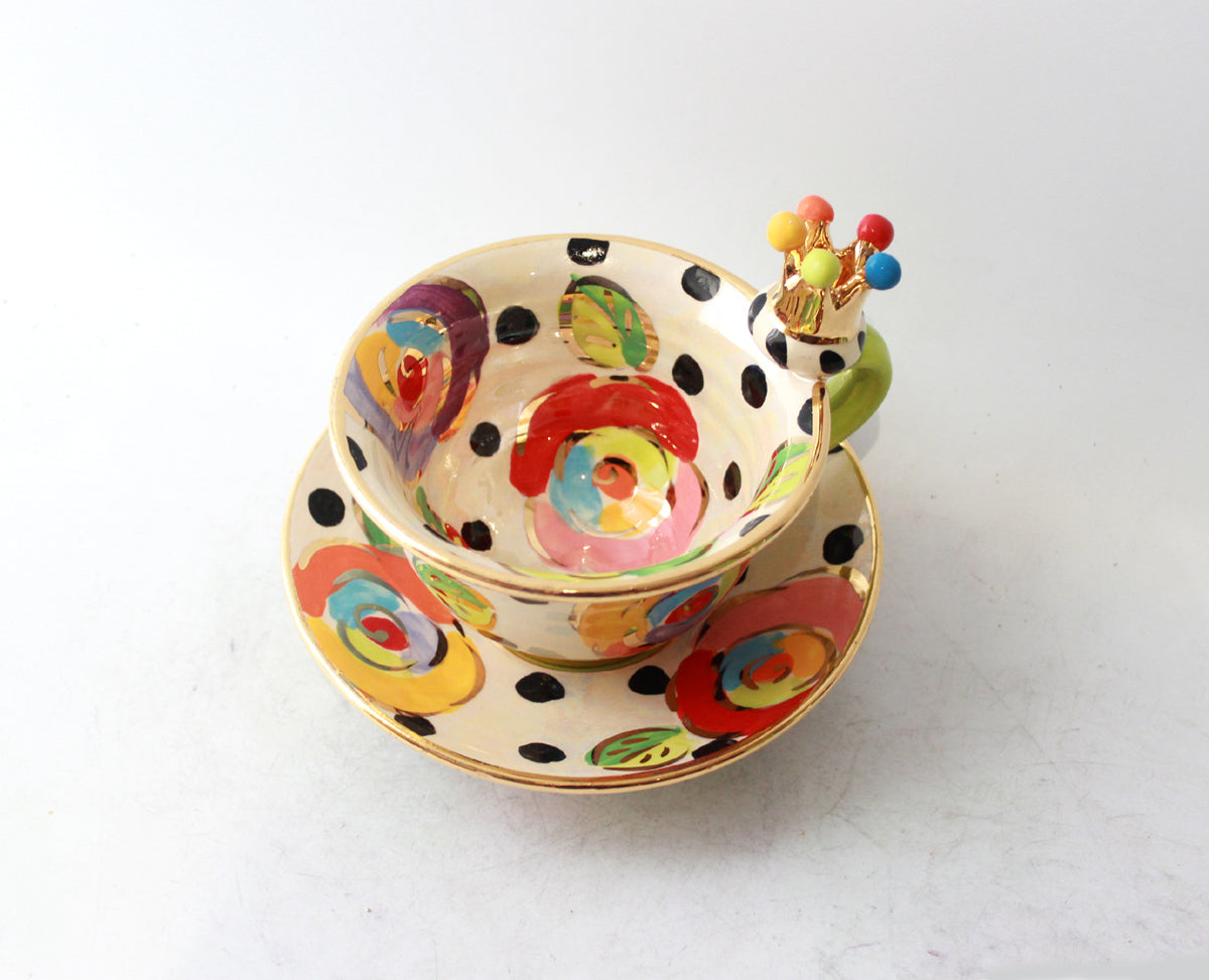 Crown Handled Cup and Saucer in Gold New Rose on Black Dot