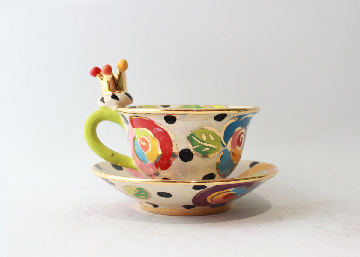 Crown Handled Cup and Saucer in Gold New Rose on Black Dot