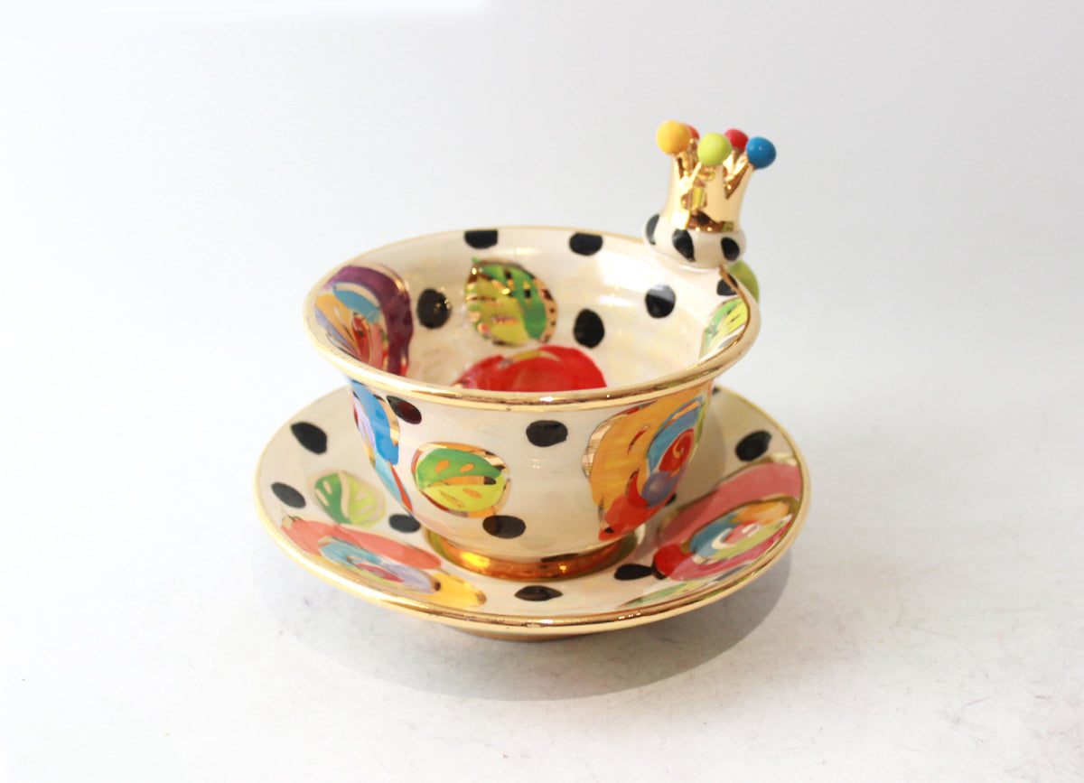 Crown Handled Cup and Saucer in Gold New Rose on Black Dot