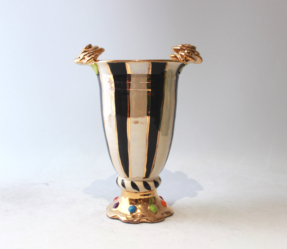 Rose Edged Crown Footed Vase in Black and White Stripe