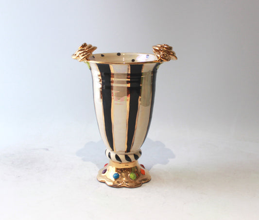 Rose Edged Crown Footed Vase in Black and White Stripe