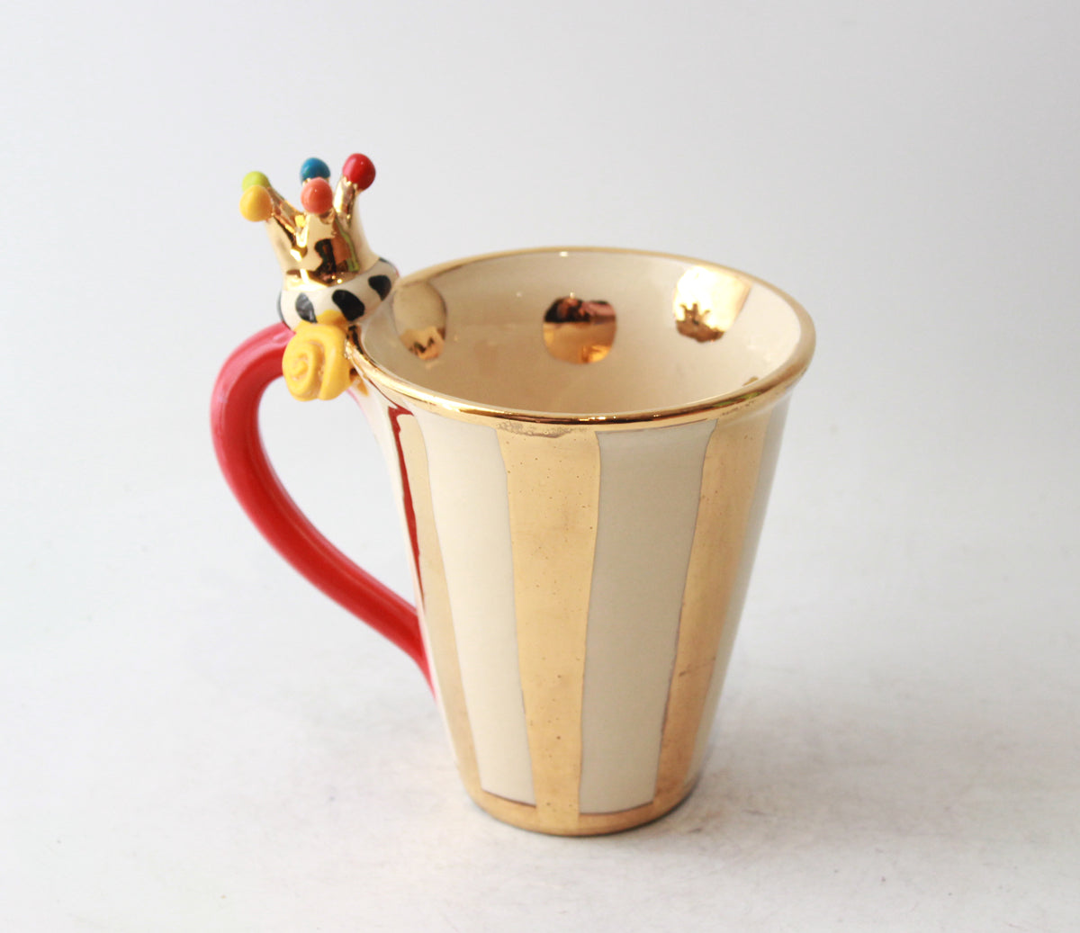 New Shape Large Crown Handled Mug in Gold and White Stripe