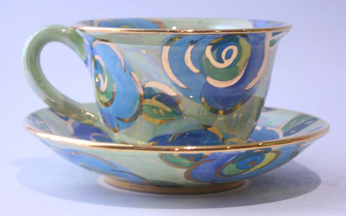 Cup and Saucer in Blue Rose on Mint - MaryRoseYoung