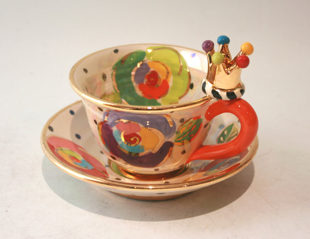 Crown Handled Cup and Saucer in Gold New Rose on Polka
