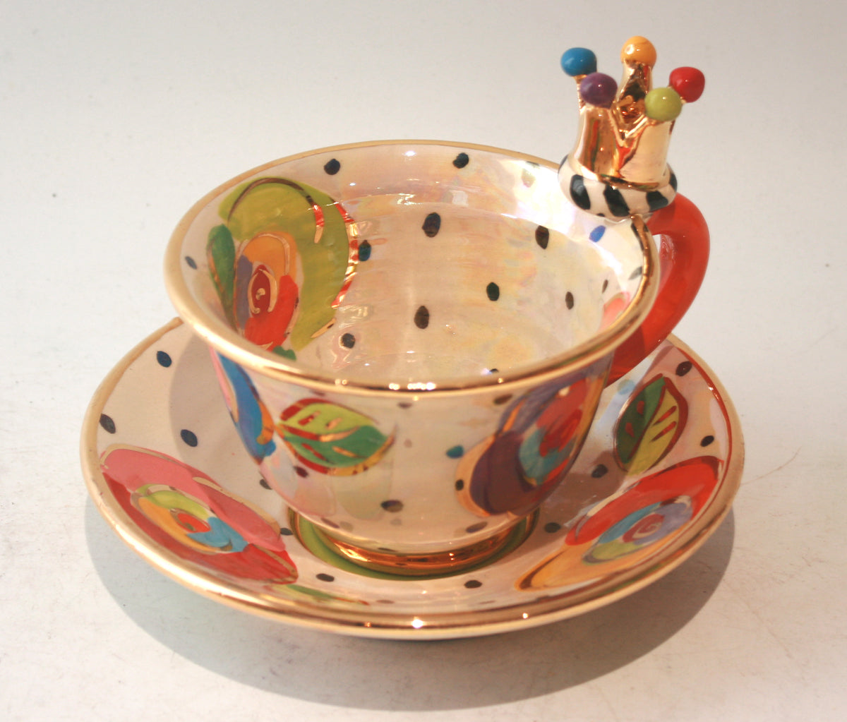 Crown Handled Cup and Saucer in Gold New Rose on Polka