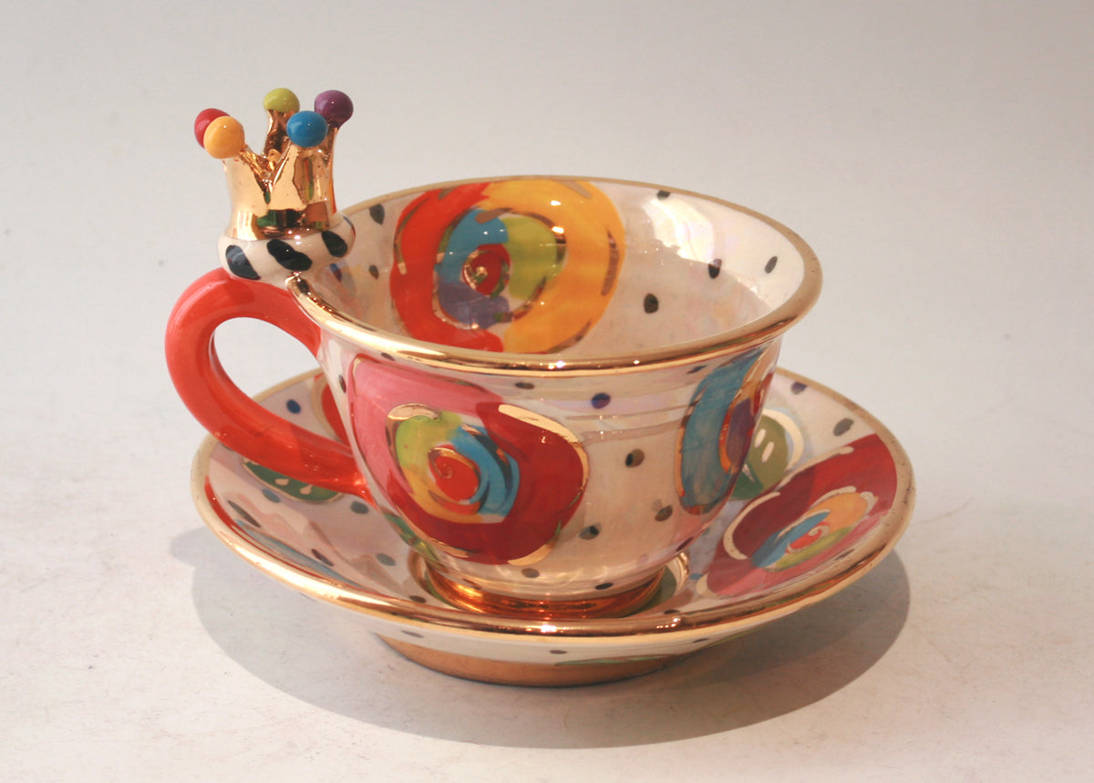 Crown Handled Cup and Saucer in Gold New Rose on Polka