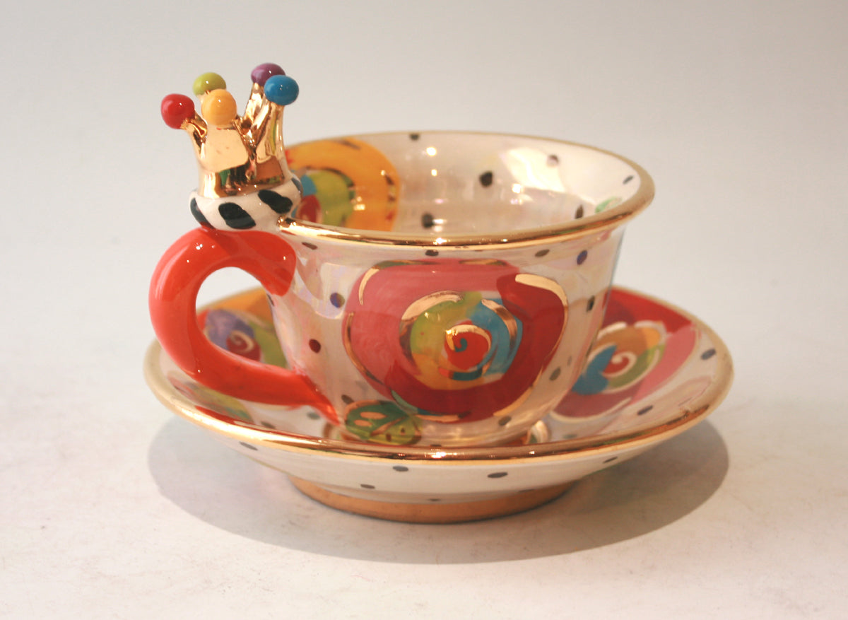 Crown Handled Cup and Saucer in Gold New Rose on Polka