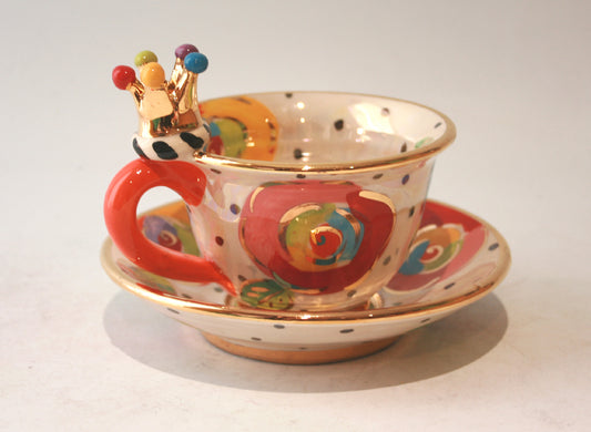 Crown Handled Cup and Saucer in Gold New Rose on Polka