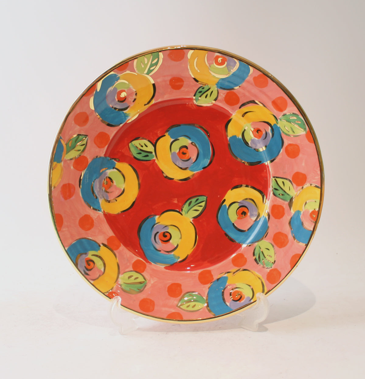 Dinner Plate in Roses Red with Dotty Pink