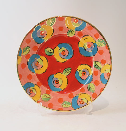 Dinner Plate in Roses Red with Dotty Pink