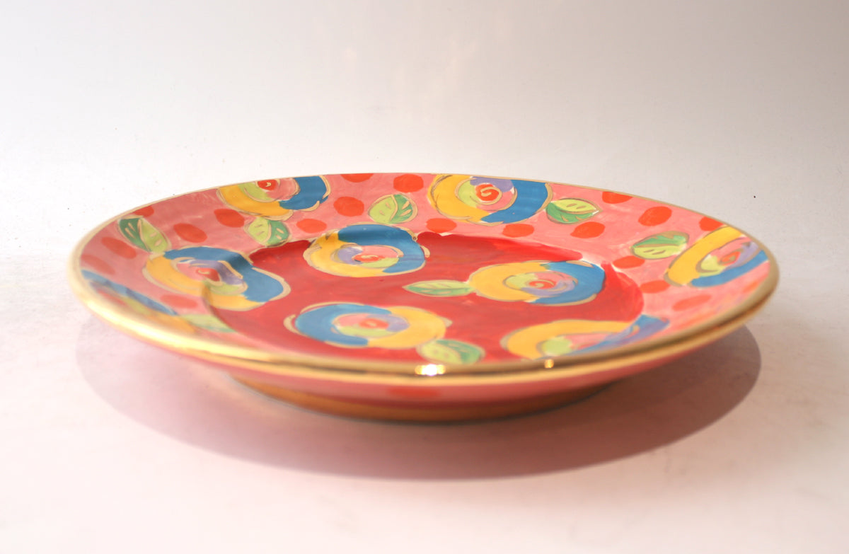 Dinner Plate in Roses Red with Dotty Pink