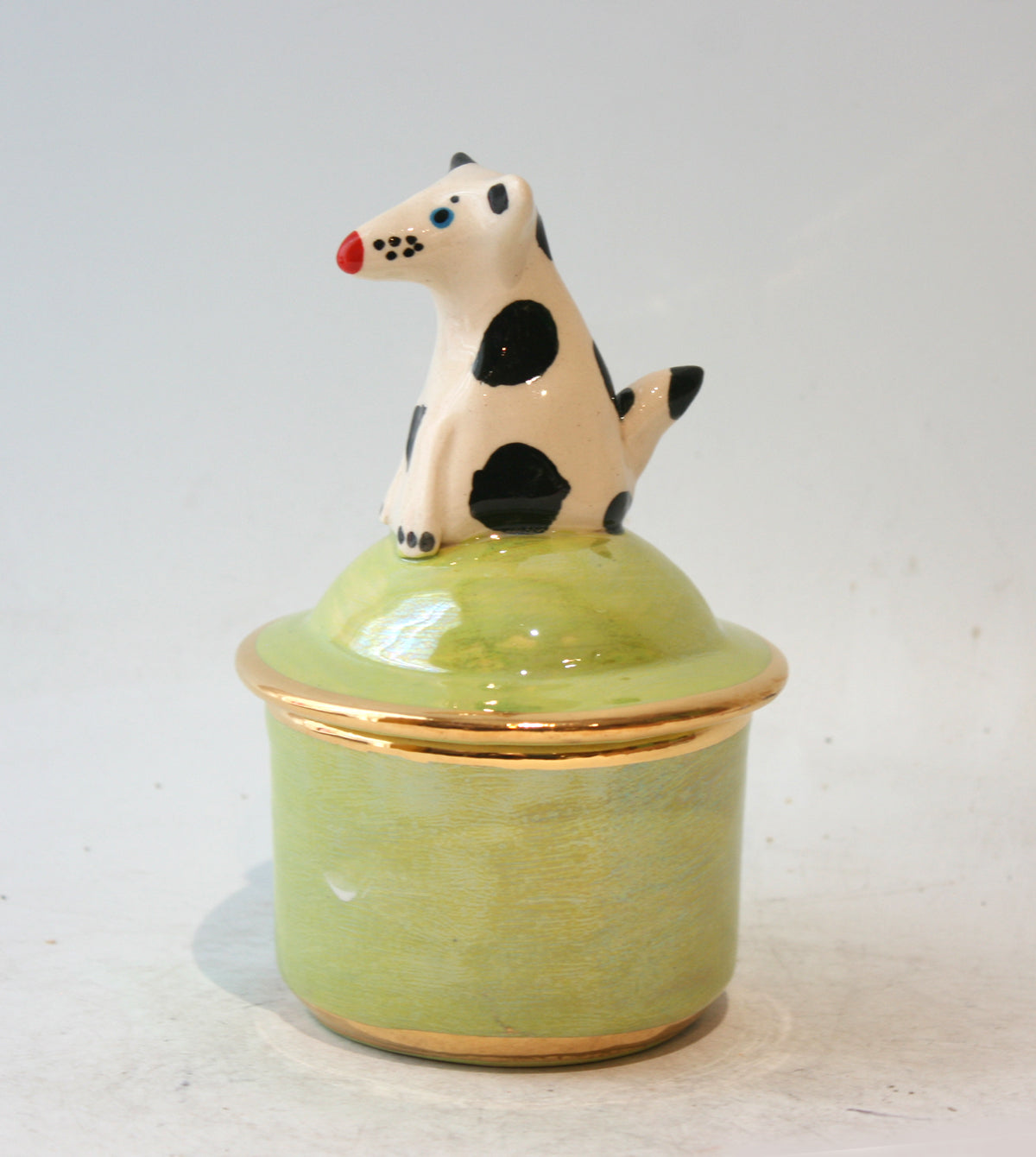 Lidded Pot with Dog in Iridescent Green