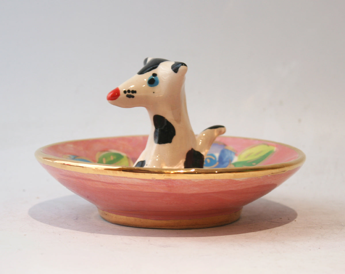 Saucer with Dog in Gold New Rose on Pink