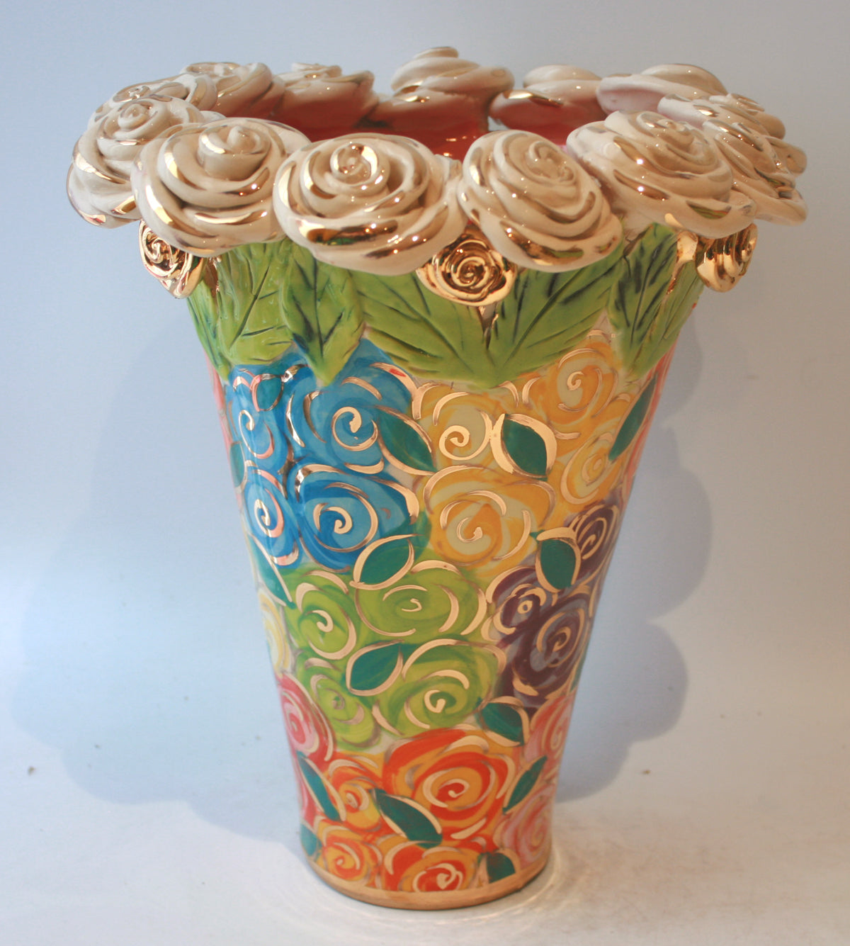 Small Rose Encrusted Flared Vase Pastel Rosebush