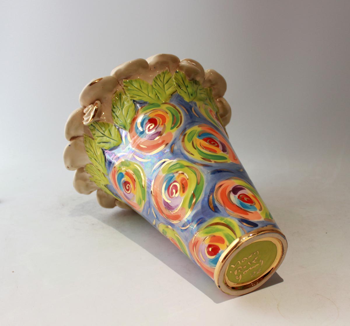 Large Rose Encrusted Flared Vase in Swirls