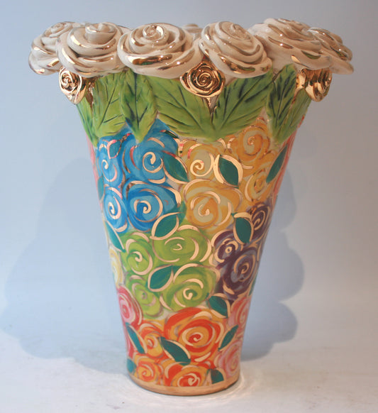 Small Rose Encrusted Flared Vase Pastel Rosebush