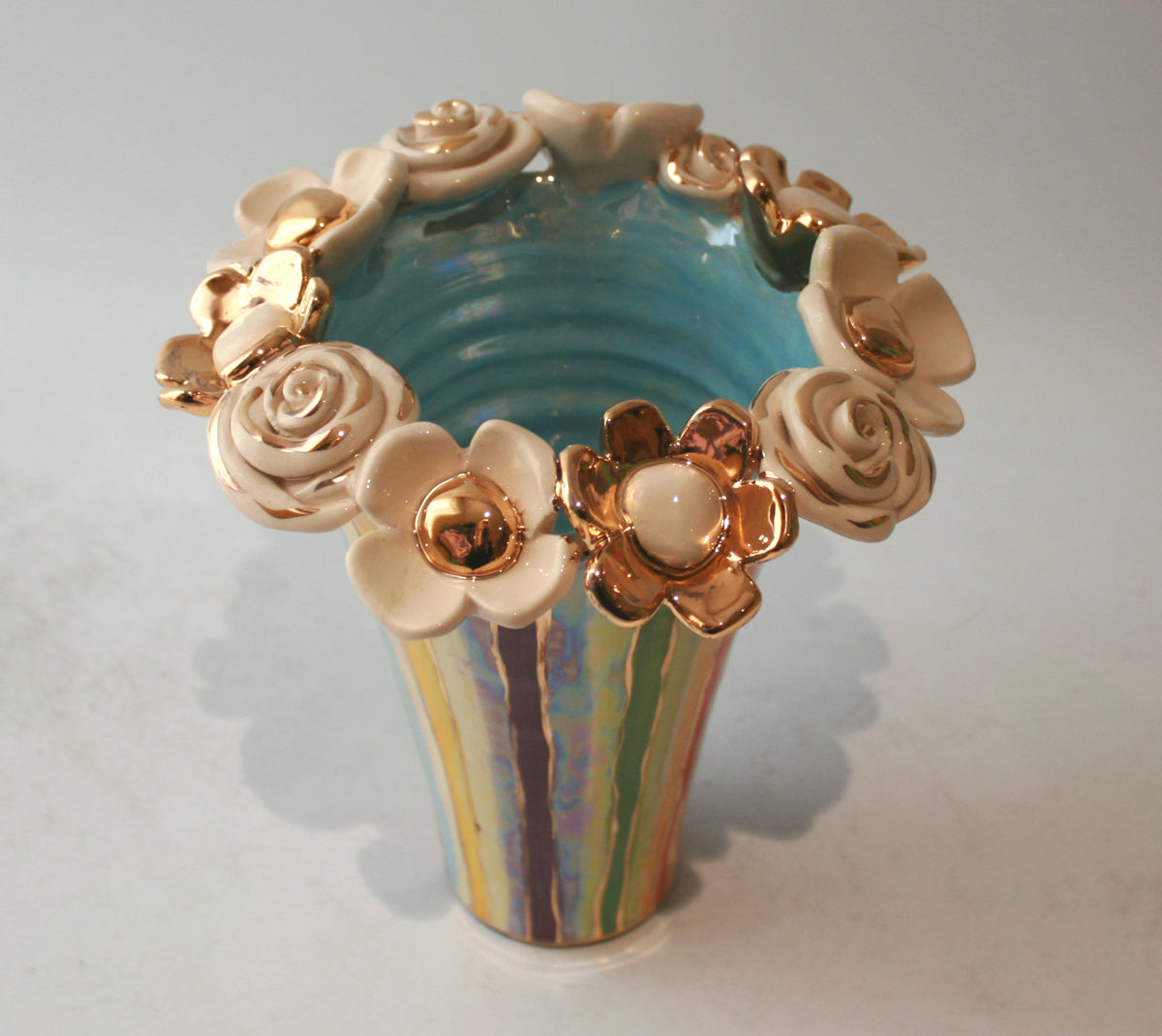 Multiflower Encrusted Flared Vase in Lustred Stripe