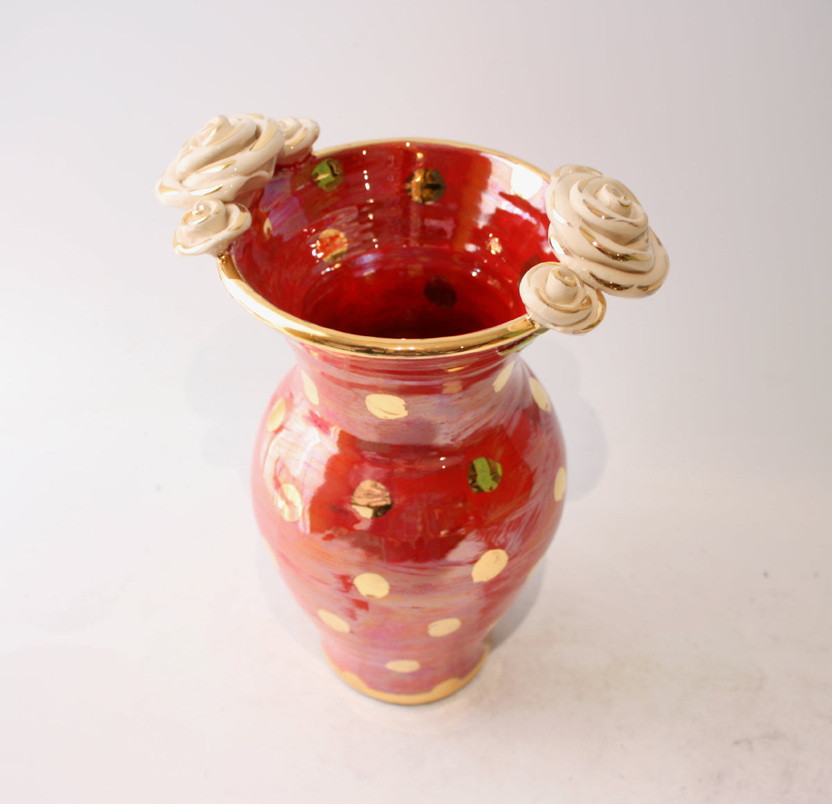 Medium Rose Edged Vase in Gold Dots on Shimmering Red