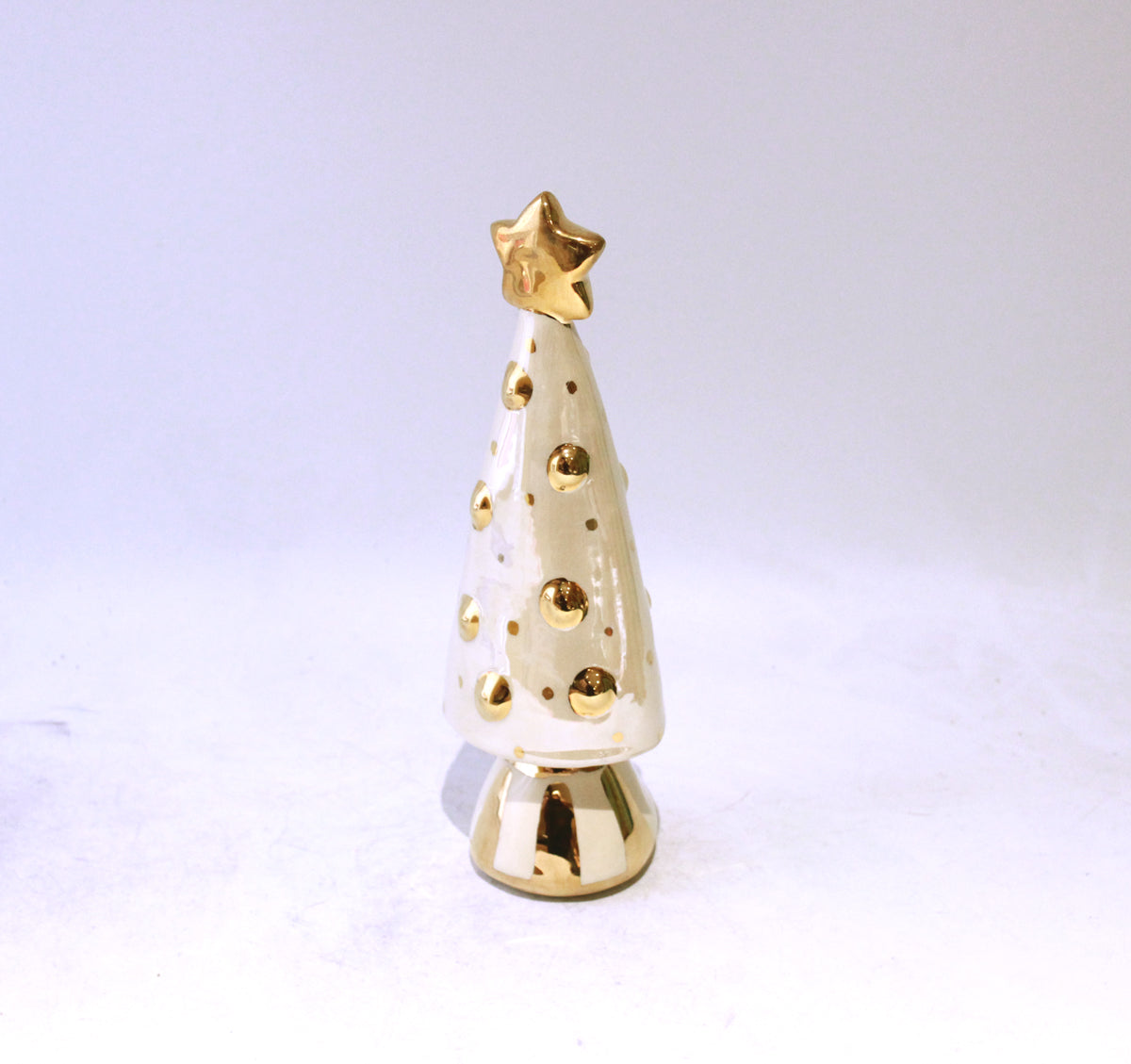 Small Christmas Tree in Iridescent White with Gold Striped Base