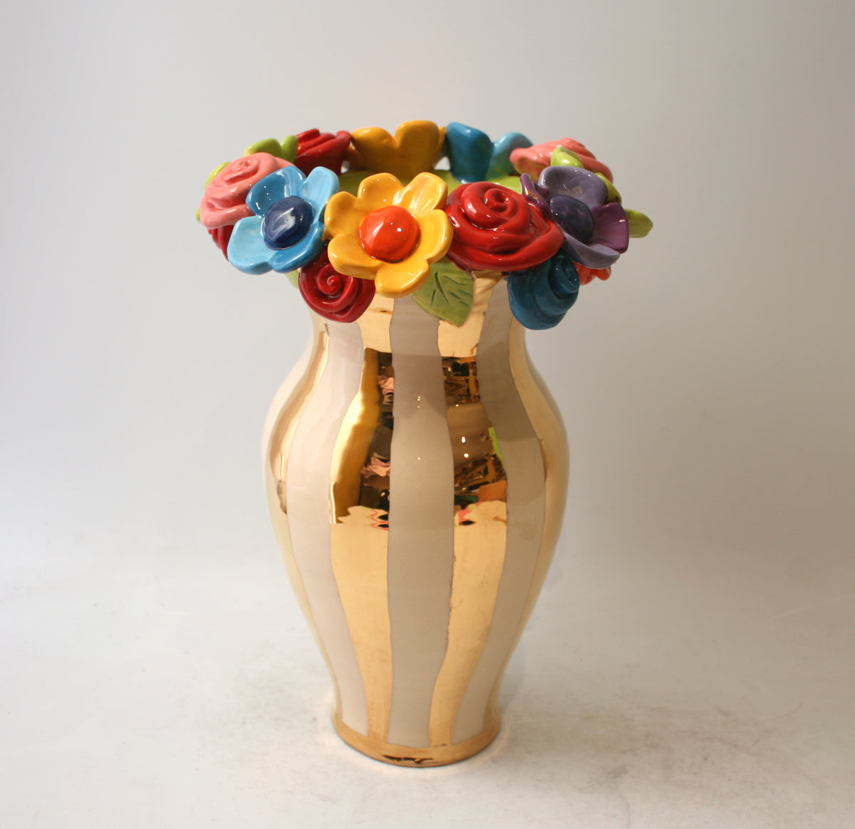Large Multiflower Encrusted Vase in Gold and White Stripes
